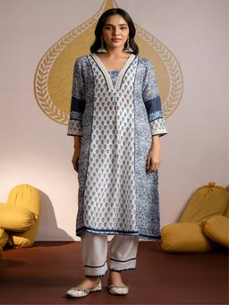 Mahee Jaipur - White Indigo V Neck Block Print Pure Muslin Kurta and Pant