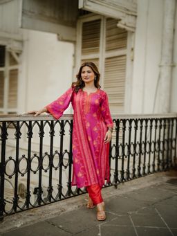 Mahee Jaipur - Pink and Orange Panel Print Muslin Kurta and Pant