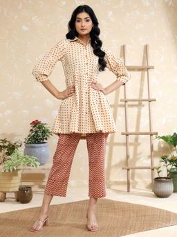 Sutra Art of Clothing - Cream Polka Dots Pure Cotton Block Print Kurta and Pant