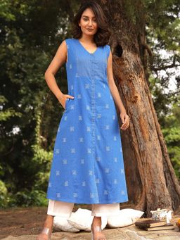 Sutra Art of Clothing - Blue Butterfly Woven Pure Cotton Kurta and Pant