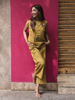 Sutra Art of Clothing - Mustard Khadi Cotton Embroidered Co-ord Set