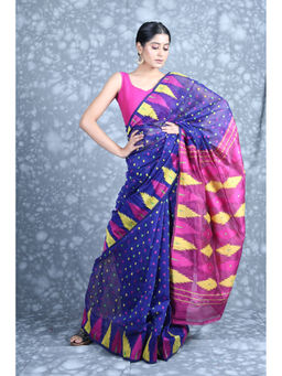 CHARUKRITI - Temple Design Blue Jamdani Saree with Unstitched Blouse