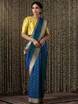 WeaverStory - Blue Handloom Kadhwa Katan Silk Banarasi Bootidar Design Saree With Unstitched Blouse