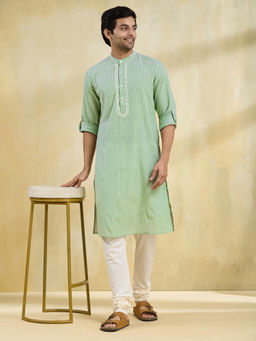 Fabindia - Green Cotton Chikankari Slim Fit Long Kurta