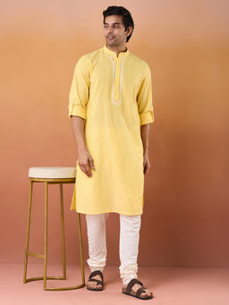 Fabindia - Yellow Cotton Chikankari Slim Fit Long Kurta