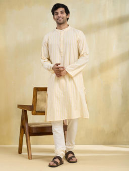 Fabindia - Yellow Cotton Striped Long Kurta