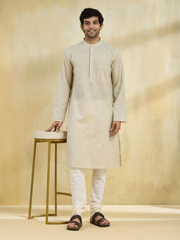 Fabindia - Olive Cotton Striped Long Kurta