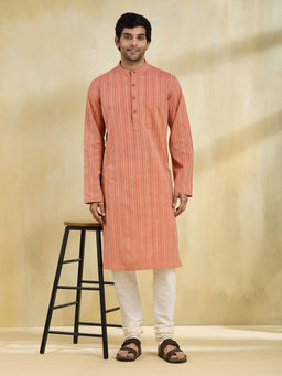 Fabindia - Peach Cotton Striped Long Kurta