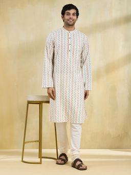 Fabindia - White Cotton Ikat Long Kurta