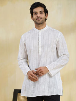 Fabindia - White Cotton Striped Short Kurta