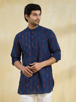 Fabindia - Blue Cotton Dabu Printed Slim Fit Short Kurta