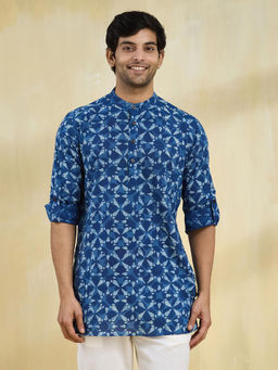 Fabindia - Blue Cotton Dabu Printed Slim Fit Short Kurta