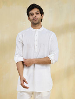 Fabindia - White Cotton Checks Slim Fit Short Kurta