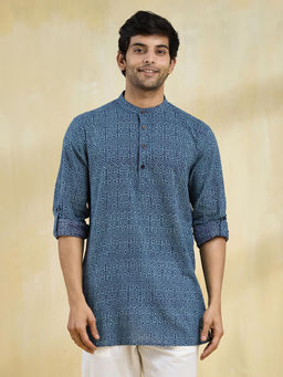 Fabindia - Blue Cotton Hand Block Printed Slim Fit Short Kurta