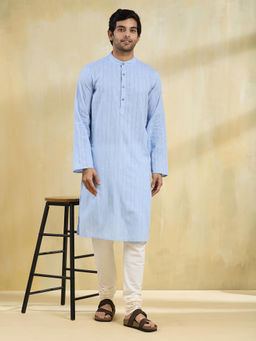 Fabindia - Blue Cotton Dobby Slim Fit Long Kurta