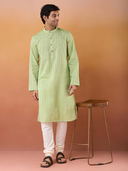 Fabindia - Green Cotton Dobby Slim Fit Long Kurta