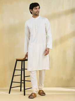 Fabindia - White Viscose Blend Striped Slim Fit Long Kurta