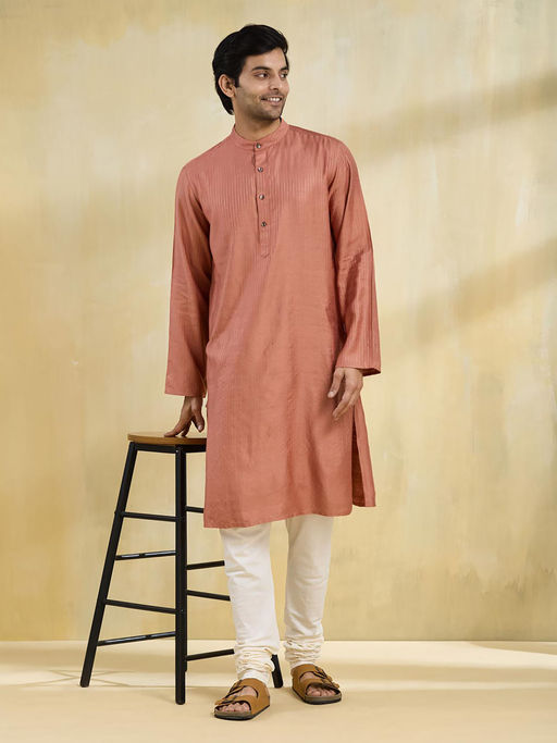 Fabindia Peach Viscose Blend Striped Slim Fit Long Kurta