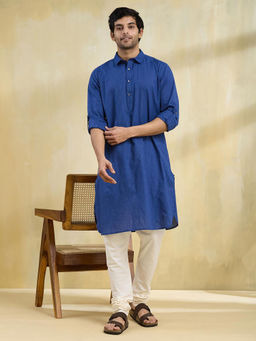 Fabindia - Blue Cotton Striped Slim Fit Pathani Kurta