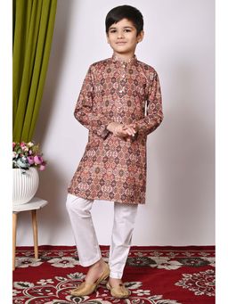 NFC CREATION - Boys Printed and Sequins Work Cotton Maroon Kurta and Pyjama
