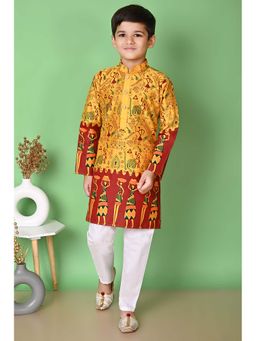 NFC CREATION - Boys Printed Dupion Silk Yellow Kurta and Pyjama