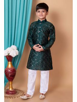 NFC CREATION - Boys Sequins Work Dupion Silk Bottle Green Kurta and Pyjama