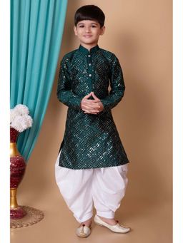 NFC CREATION - Boys Sequins Work Dupion Silk Bottle Green Kurta and Patiala