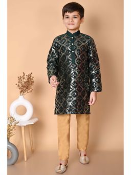 NFC CREATION - Boys Sequins Work Dupion Silk Bottle Green Kurta and Pyjama