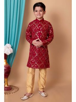 NFC CREATION - Boys Sequins Work Dupion Silk Maroon Kurta and Pyjama
