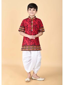 NFC CREATION - Boys Batik Printed Pure Cotton Red Kurta and Dhoti Pant