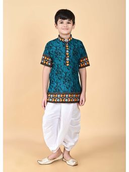 NFC CREATION - Boys Batik Printed Pure Cotton Rama Green Kurta and Dhoti Pant