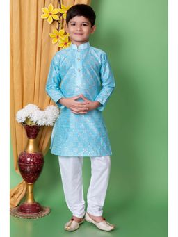 NFC CREATION - Boys Embroidery and Sequins Work Dupion Silk Blue Kurta and Pyjama