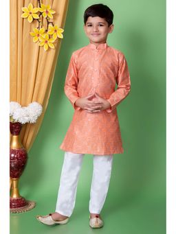 NFC CREATION - Boys Embroidery and Sequins Work Dupion Silk Peach Kurta and Pyjama