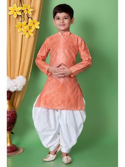 NFC CREATION - Boys Embroidery and Sequins Work Dupion Silk Peach Kurta and Patiala