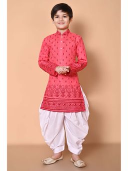 NFC CREATION - Boys Printed and Sequins Work Cotton Blend Tomato Coral Kurta and Patiala