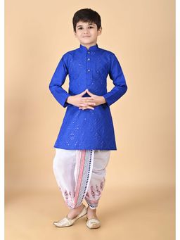 NFC CREATION - Boys Embroidery and Sequins Work Cotton Blend Blue Kurta and Dhoti