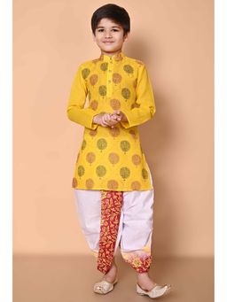 NFC CREATION - Boys Printed Work Cotton Yellow Kurta and Dhoti Pant