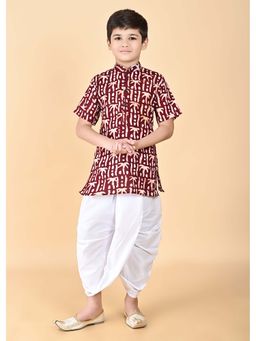 NFC CREATION - Boys Batik Printed Pure Cotton Maroon Kurta and Dhoti Pant