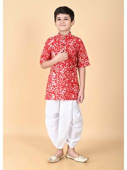 NFC CREATION - Boys Batik Printed Pure Cotton Red Kurta and Dhoti Pant