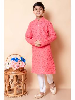 NFC CREATION - Boys Embroidery Work Cotton Blend Tomato Pink Kurta and Pyjama