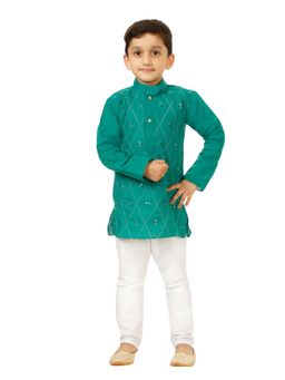 NFC CREATION - Boys Embroidery Work Cotton Blend Rama Green Kurta and Pyjama