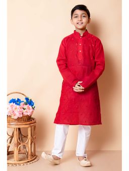 NFC CREATION - Boys Embroidery Work Cotton Red Kurta and Pyjama