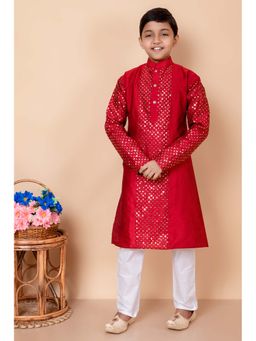 NFC CREATION - Boys Sequins Work Dupion Silk Maroon Kurta and Pyjama