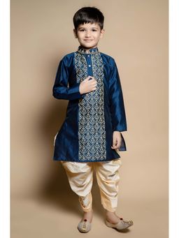 NFC CREATION - Boys Embroidery Work Dupion Silk Navy Blue Kurta and Patiala