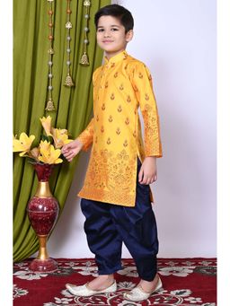 NFC CREATION - Boys Printed Dupion Silk Yellow Kurta and Patiala