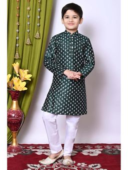 NFC CREATION - Boys Printed & Sequins Work Dupion Silk Deep Green Kurta and Pyjama