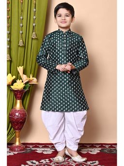 NFC CREATION - Boys Printed & Sequins Work Dupion Silk Deep Green Kurta and Patiala