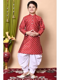NFC CREATION - Boys Printed & Sequins Work Dupion Silk Maroon Kurta and Patiala