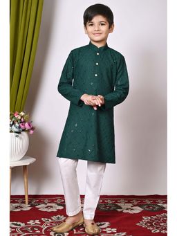 NFC CREATION - Boys Embroidery and Sequins Work Rayon Cotton Deep Green Kurta and Pyjama