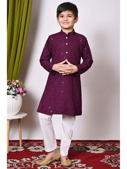 NFC CREATION - Boys Embroidery and Sequins Work Rayon Cotton Purple Kurta and Pyjama